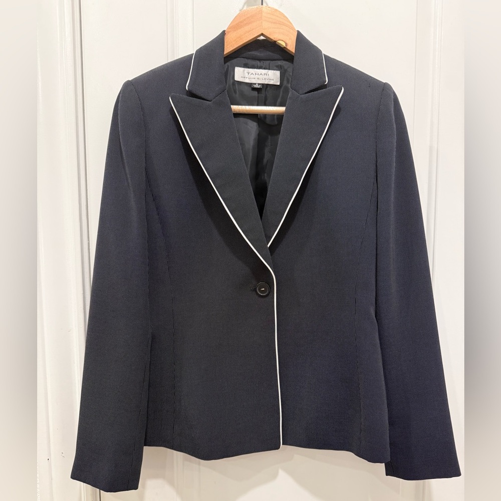 Tahari Women's Black Blazer with White Trim and White  Dotted Grid